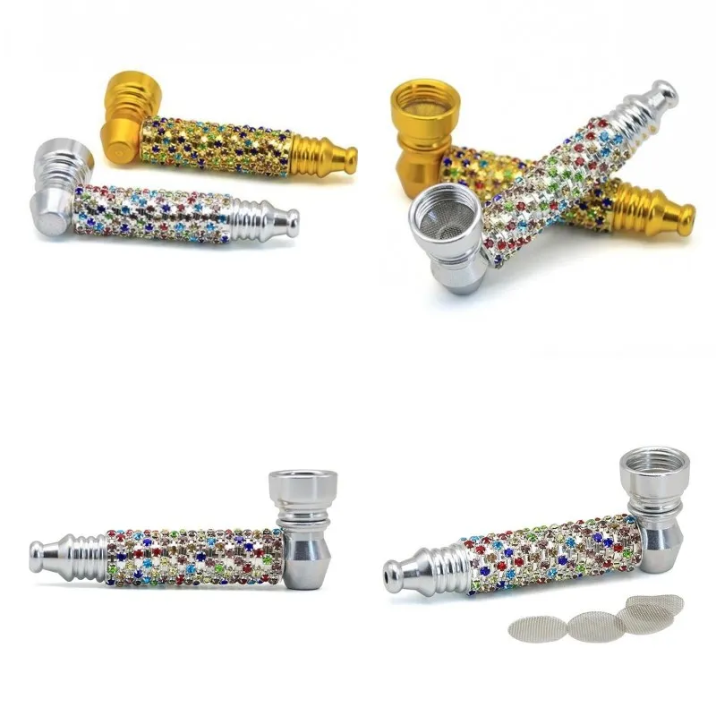 Inlay Rhinestone Metal Smoking Pipes Plated Golden Silvery Hookah Tips Spiral Pattern Colorful Cigarette Holder 7 5kl G2