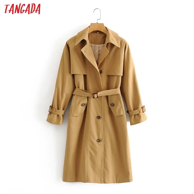 Tangada mulheres inglaterra estilo longo trench casaco com cinto outono elegante elegante outwear windbreak qn18 210218