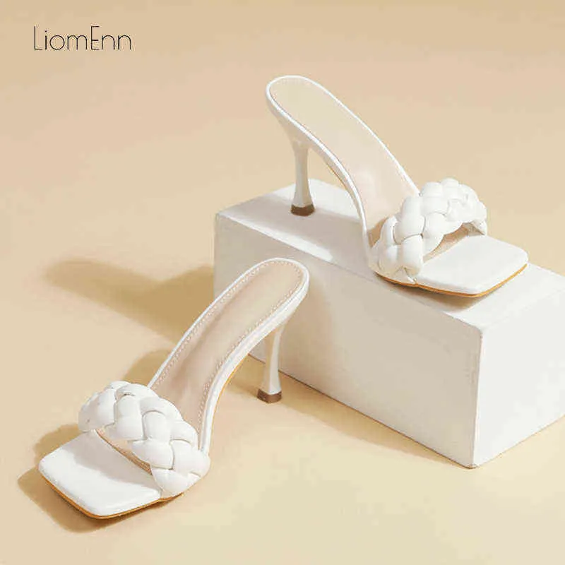 Pantofole Elegante tessuto con tacchi alti Scarpe da festa per donna Nuove signore estive Sandali sexy Infradito bianco di lusso 220308