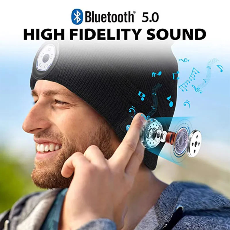 Wireless Bluetooth Beanie Hat Unisex Beanie Soft Knitted Hat 5.0 Smart Cap Stereo Headphone Headset with LED Light with OPP bag