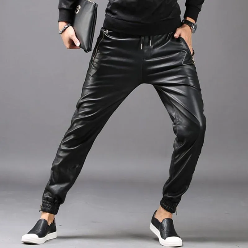 TSINGYI Moto Biker Pantaloni in pelle sintetica Pantaloni da uomo Pantaloni Harem Vita elastica Tasche con cerniera Nero Streetwear Abbigliamento uomo slim fit