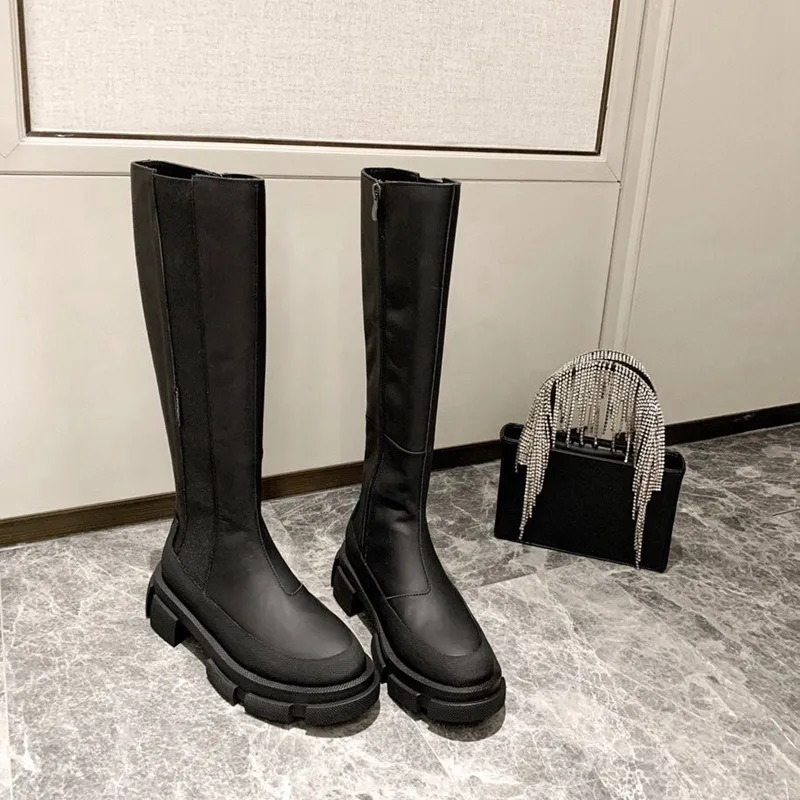 2021 Winter Fashion Black Genuine Leather Designer Tall Boots Women  Lug Sole Over Knee Booty Famous Party Knight Boot