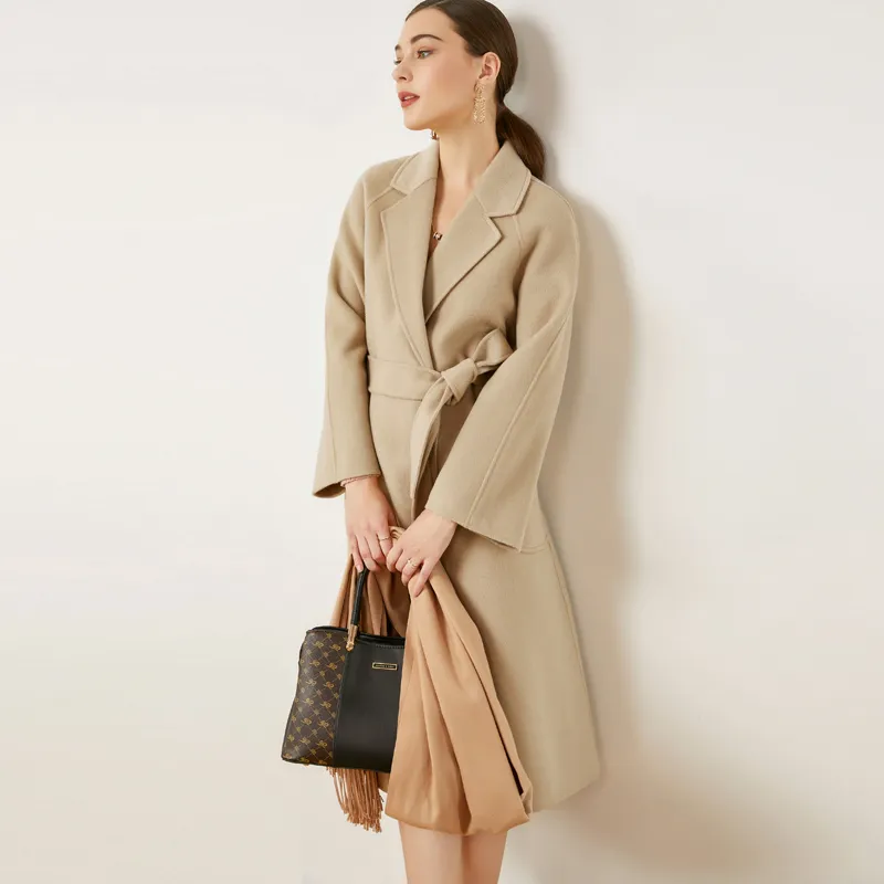 Cappotto invernale da donna in doppio cashmere con colletto dentellato, maniche lunghe, tasche frontali, cintura a fascia, capispalla casual alla moda