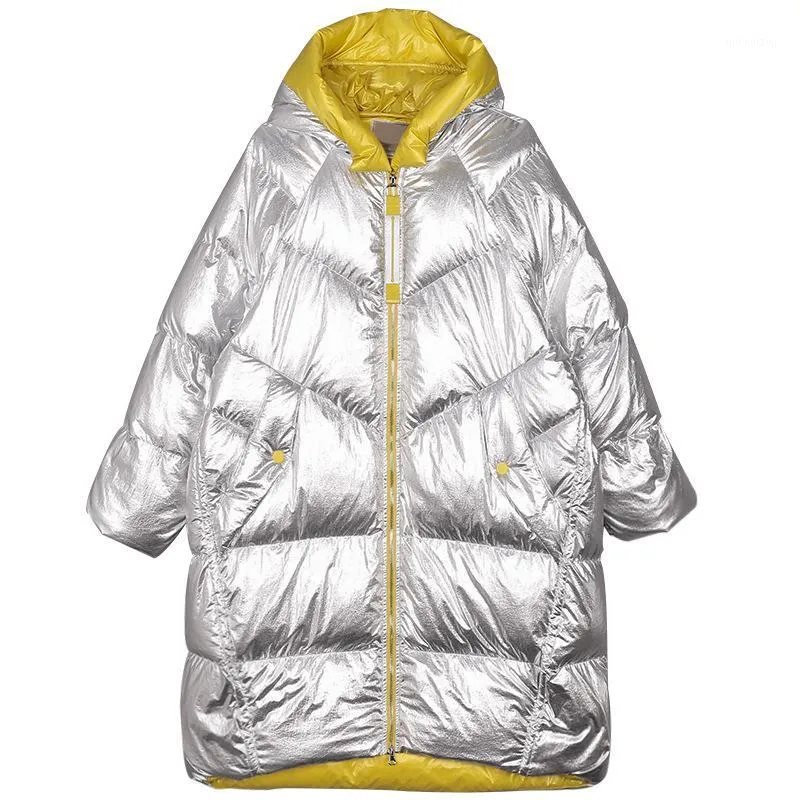 Kvinnor Down Parkas Winter Jacka Kvinnor Långt huva Outwear Waterproof Girls 'Glossy Silver Cotton Padded Parka Warm Snow Coat Kvinna