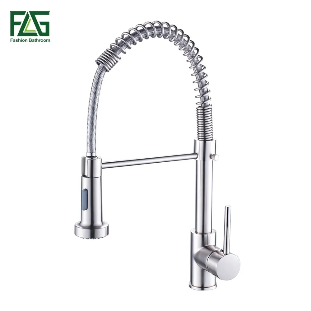 FLG Spring Style Kitchen Faucet Brushed Nickel Sink Faucet Pull Out Torneira All Around Swivel 2-Function Water Outlet Mixer Tap T200710