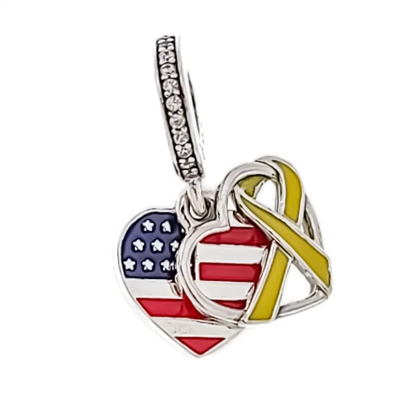 Heart Flag Remembrance Ribbon Double Dangle Charm Silver Pandora Charms För Armband DIY Smycken Göra Kit Lösa Pärlor Silver Partihandel 799649C01