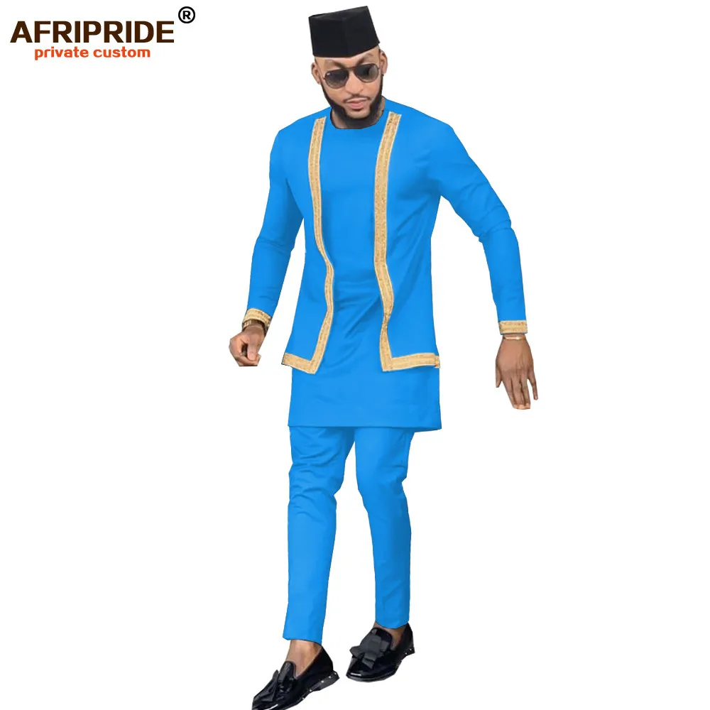 African Ankara 2-Piece Set For Men - Single Breasted Jacket & Pants Tribal Outfit (Bazin Riche Fabric)