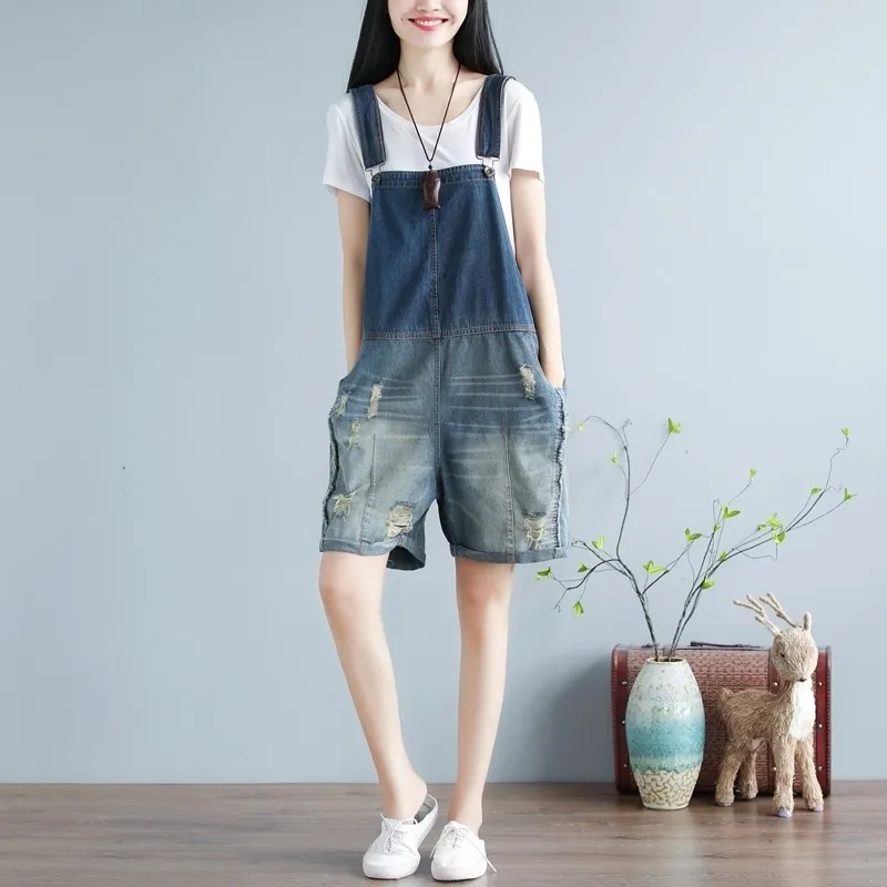 Suspender Jumpsuit Shorts Ripped Jeans One Piece Playsuit Women