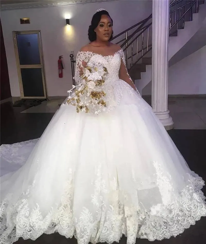 Off-Shoulder Lace African Princess Ball Gown plus wedding dresses with Sequined Beading and Long Sleeves - Vestido de Novia Off-Shoulder Lace African Princess Ball Gown plus wedding dresses with Sequined Beading and Long Sleeves - Vestido de Novia