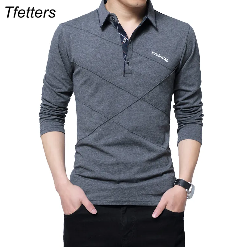 TFETTERS Marka T Gömlek Erkekler Uzun T-Shirt Turn-Aşağı Şerit Tasarımcısı T-Shirt Slim Fit Gevşek Rahat Pamuk T Gömlek Erkek Artı Boyutu 201013