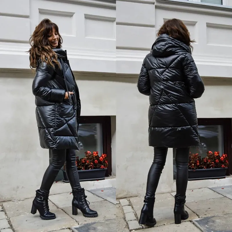 Black glossy puffer jacket with fur hood new arrivals