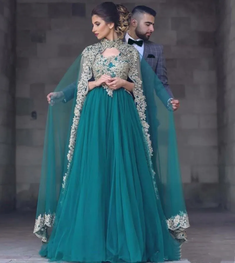 Elegant långa arabiska dubai kväll formella klänningar med wrap sjal guld spets applikationer 2022 en linje jägare muslim prom klänning fest klänningar hög nacke speciellt tillfälle bär