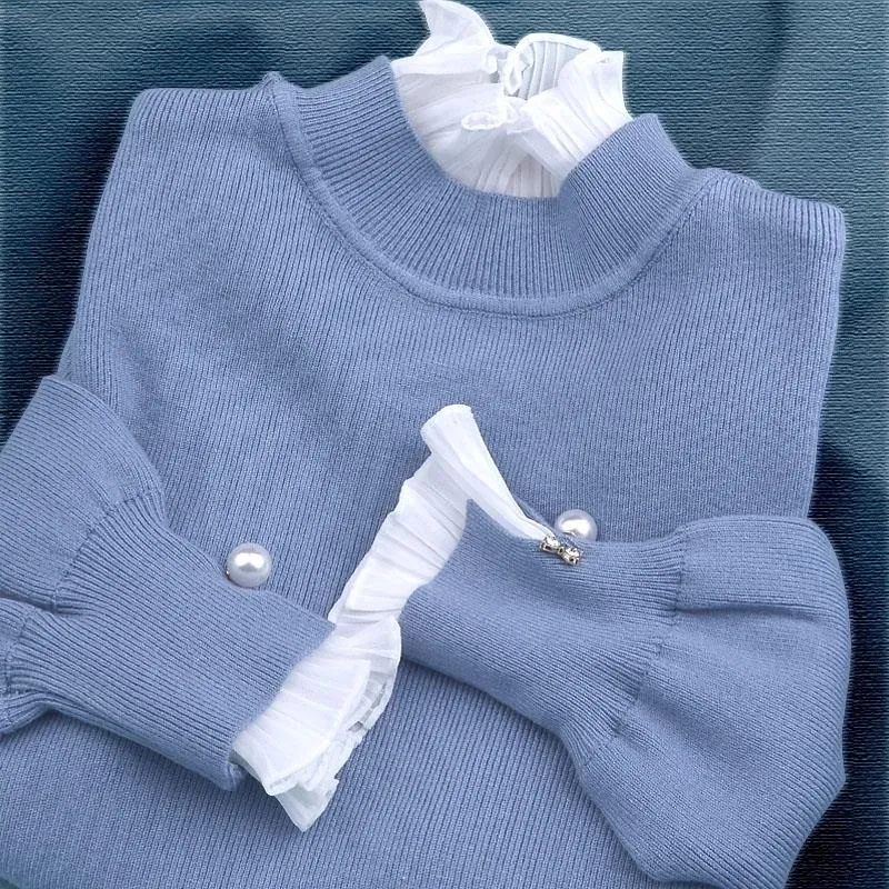 Новые женщины свитер мода осень зима жемчужина с длинным рукавом лоскутное шифон трикотажные дамы тяги пуловер свитер Tops 201128