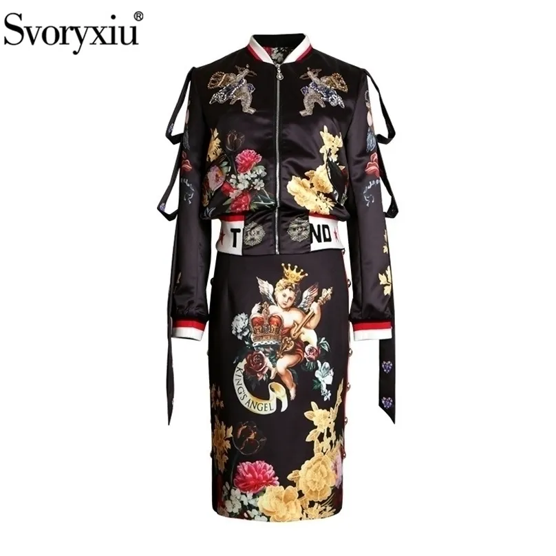 Svoryxiu Vintage Angel Flower Print Black Skirt Suit Women's Fashion Runway Autumn Winter Two Piece Set 220302