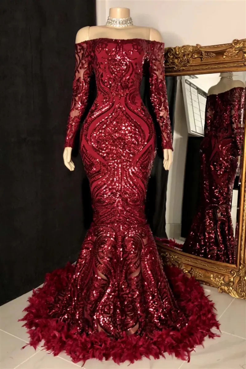 Sparkly Burgundia Syrenka Wieczór Formalne Suknie Długie Rękaw Pióro Dolne Vestidos Rojos Largos Fishtail Prom Suknie Abiiti Da Festa