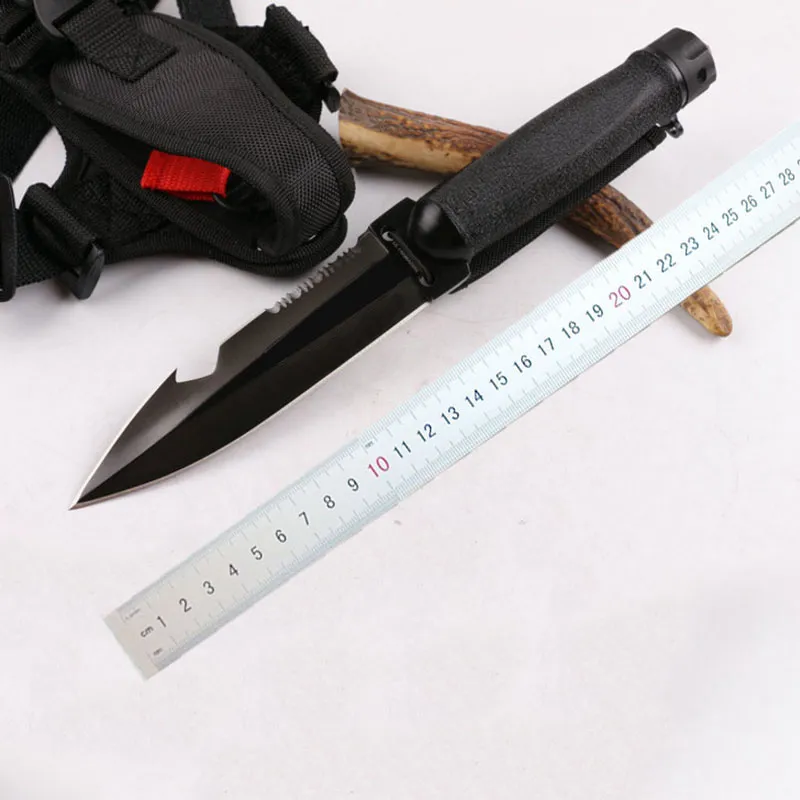 1Pcs High Quality Diver'knife Outdoor Survivial Straight knife 7Cr13Mov Black Titanium Coated Blade Rescue knives with Nylon Sheath