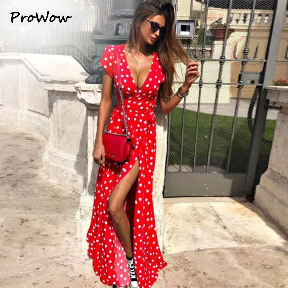 Kadınlar için Prowow Elbiseler Polka Dot Elbise Zarif Baskı Çiçek Yaz Boho Plaj Bölünmüş Kırmızı kadın Elbise Seksi Uzun Sundresses LJ200818