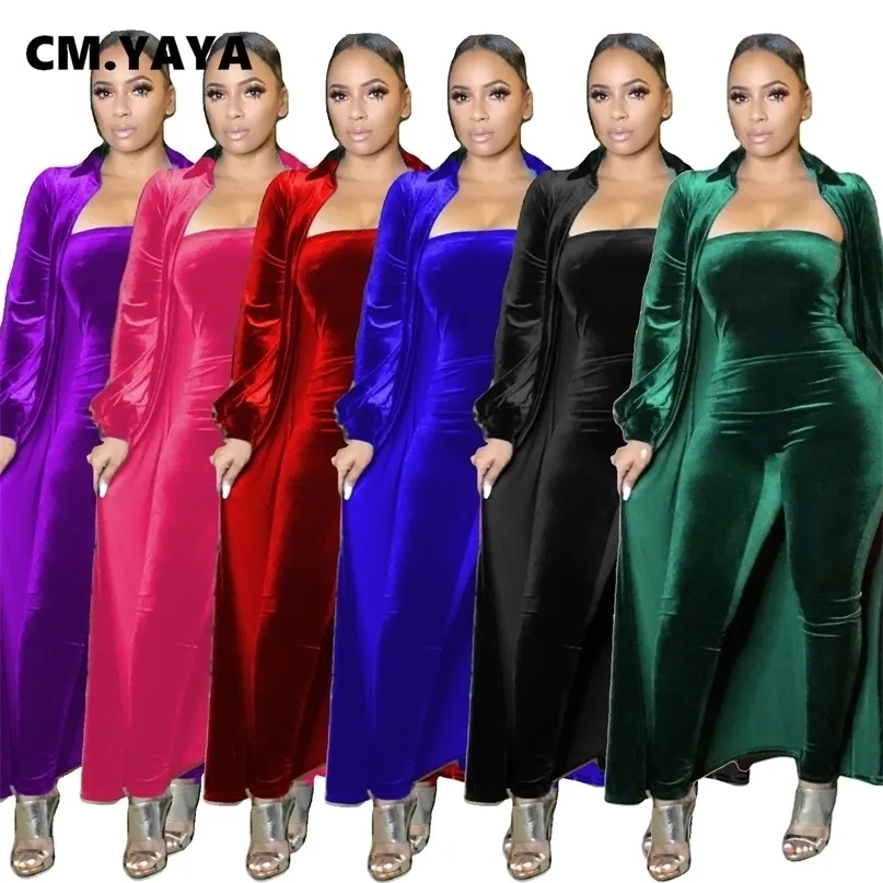 CM.Yaya Aktywny Velvet Wymień Dwa 2 sztuka Zestaw Dla Kobiet Fitness Outfit X-Long Cloak Tops + Bodycon Romper Dressuit 220315