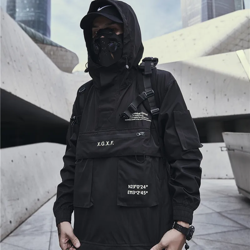 Mens Multi Pocket Vest Black Techwear Anorak: Hooded Jacket With
