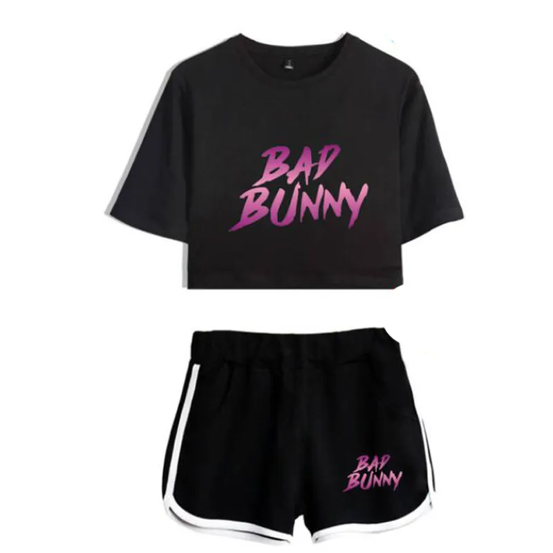 Summer Track Suit Women 2 Piece Set Bad Bunny Crop Top Shorts Two Piece Outfits Casual Ladies Tracksuit Sportwear Twopiece