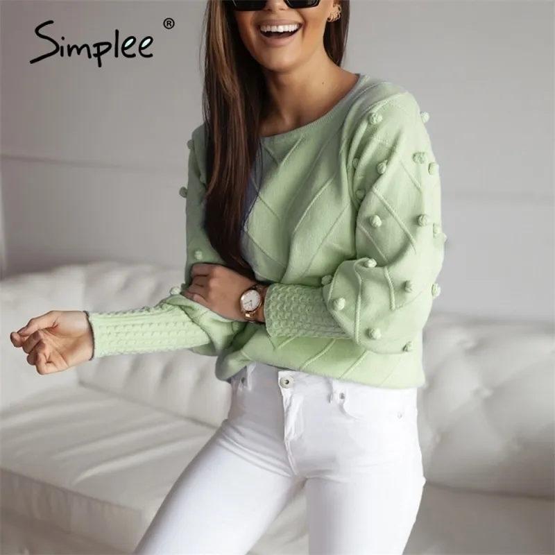 단순한 우아한 모피 폼폰 스웨터 가을 겨울 랜턴 소매 니트 스웨터 여성 streetwear 숙녀 녹색 풀오버 2020 201023