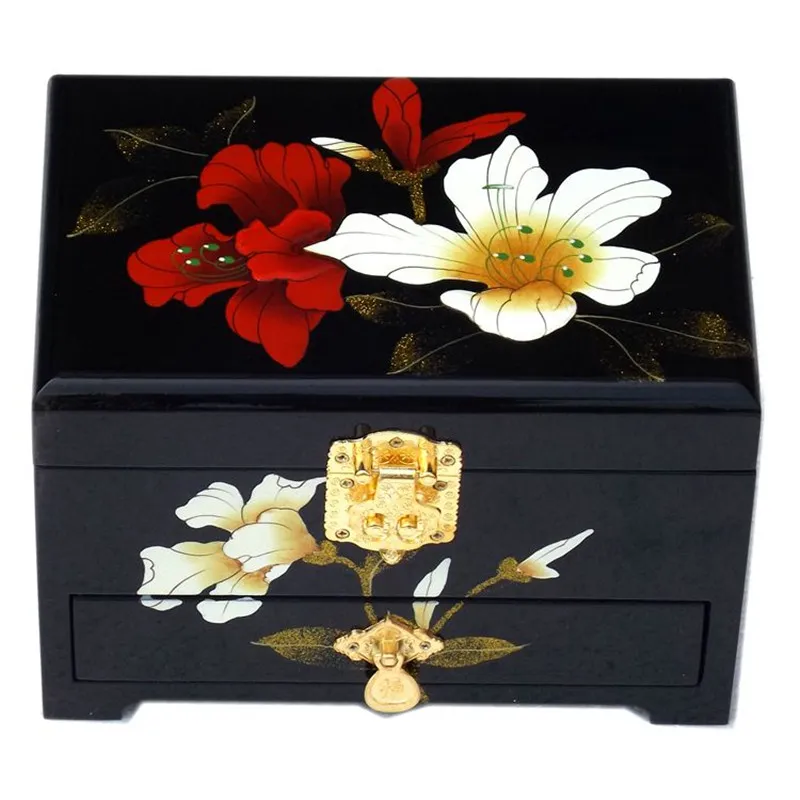 Boîte à bijoux à tiroir coulissant en bois avec serrure, coffret de collection décoratif, laque chinoise, boîte de rangement de bijoux, cadeau d'anniversaire et de mariage