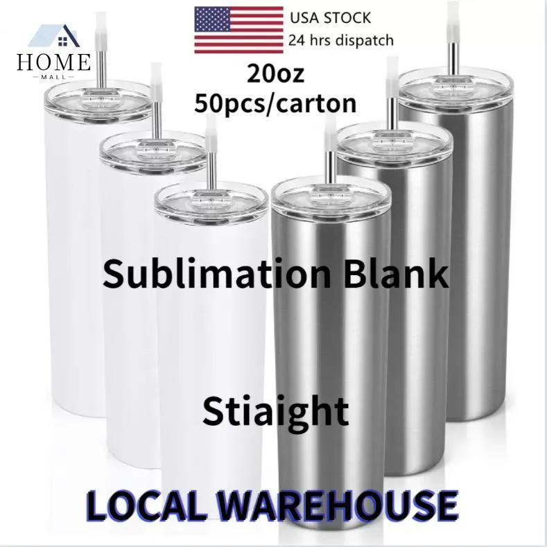 US Local Warehouse Sublimation Blanks Tumblers 20oz Mugs Straight Blank white Stainless Steel Tumbler with Lid and Straw for Heat Transfer DIY Gift Coffee Mug