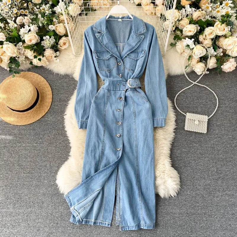 Robe longue en jean à manches longues pour femme, tenue coréenne en Denim, Streetwear, moulante, collection automne et hiver 2020