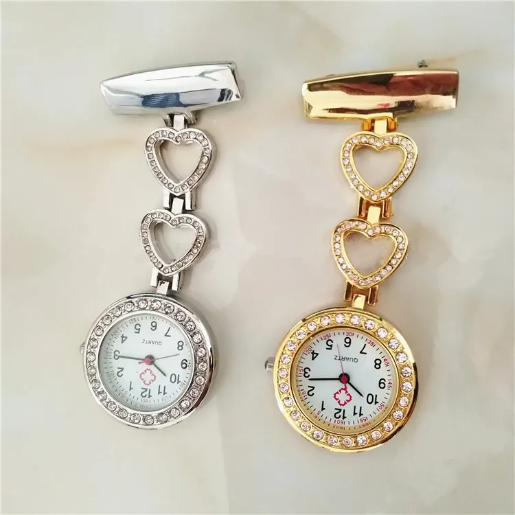 Nuevos relojes de enfermera de bolsillo con diamantes para hombre y mujer, broche de Pin de reloj médico, cristal de zirconio, Strass, corazón de oro rosa, reloj de enfermera Fob