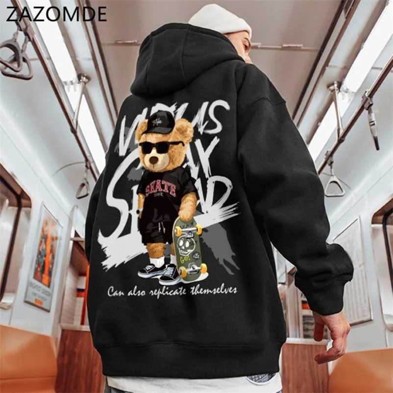 Zazomde homens hip hop moletom com capuz urso impressão streetwear harajuku pulôver hoodie velo inverno outono preto vermelho hoodie 220114