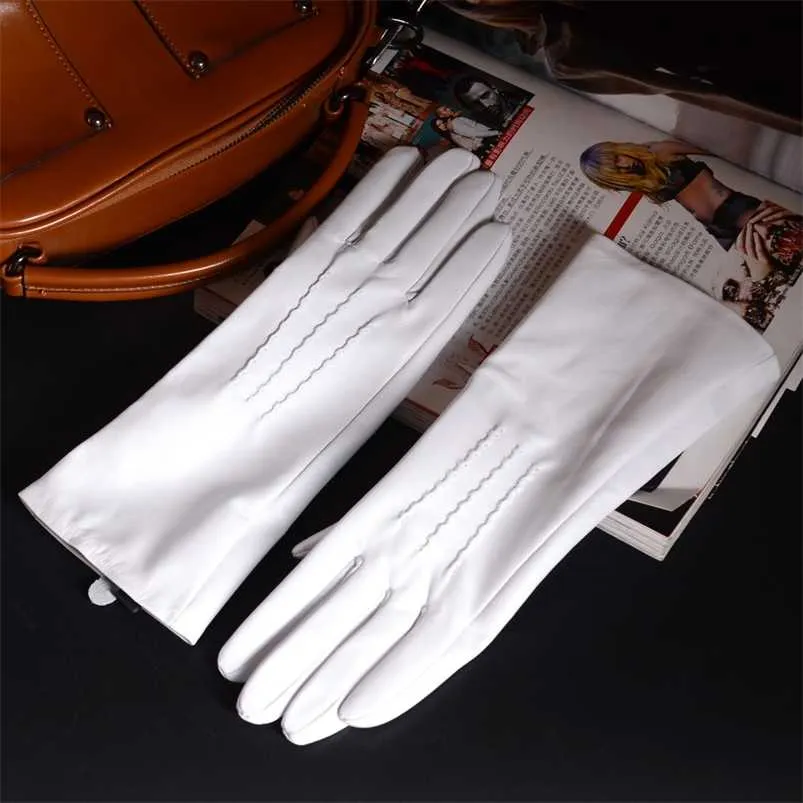 30 cm 12 "Damen Damen Echtes Leder Erhöhte Nähte White Middle Long Gloves Party Abendhandschuhe Customized 220112