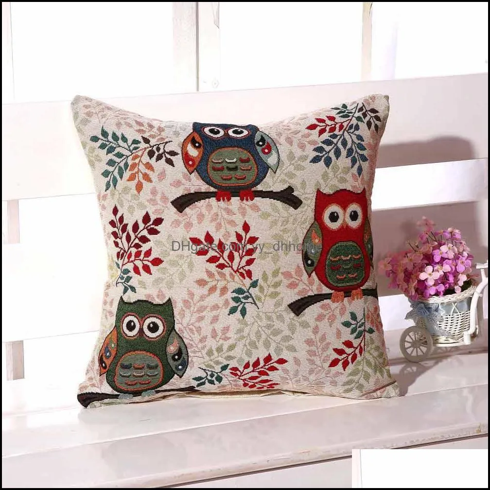 Jacquard Flower Cushion Cover Cotton Linen Owl Pattern Room Decorative Square Sofa Pillow Cover Cases 45x45cm