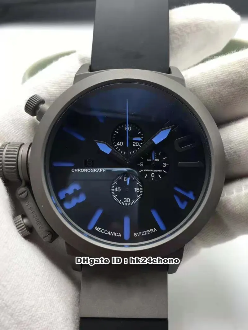 Novo canhoto U-1001 Ponteiro Azul 50mm Data Quartzo Cronógrafo Mens Relógio Preto Dial Borracha Cortinas Sport Watches 9 Cores