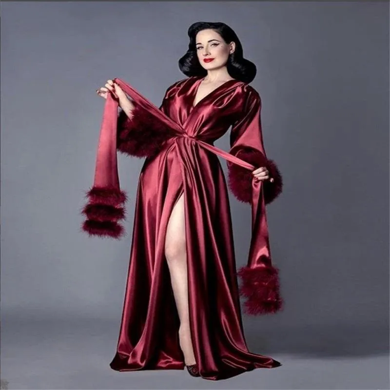 Long silk robe with fur trim online