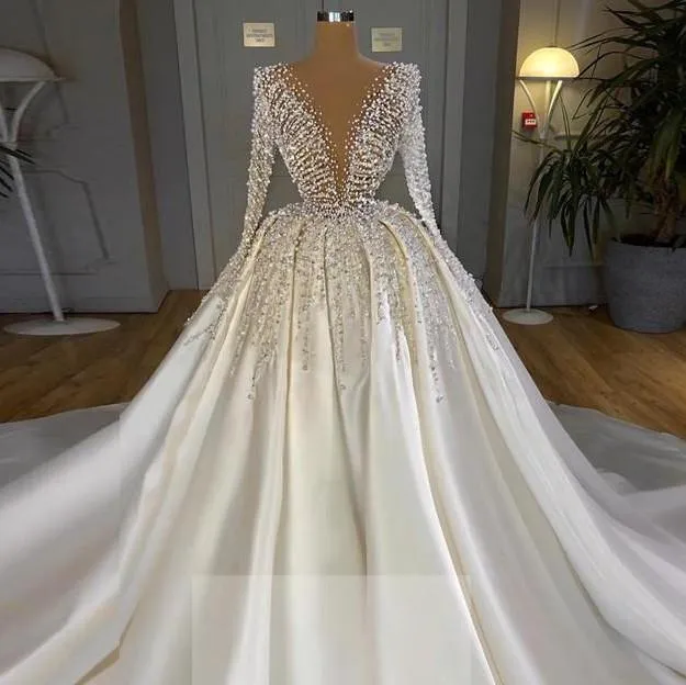 Long Sleeve Ball Gown Wedding Dress Satin V-Neck Pearls Beaded Sweep ...
