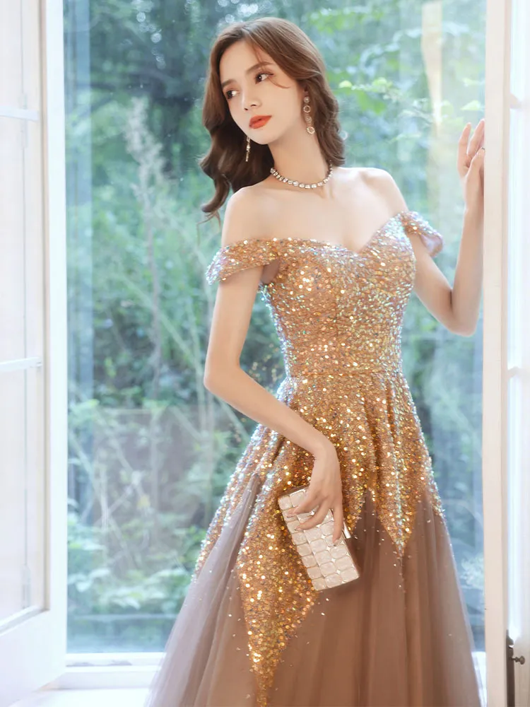 Robe de soirée dorée hiver, épaules dénudées, Sexy, paillettes scintillantes, train de balayage, vêtements de soirée pour dames, en Stock, Robe de soirée