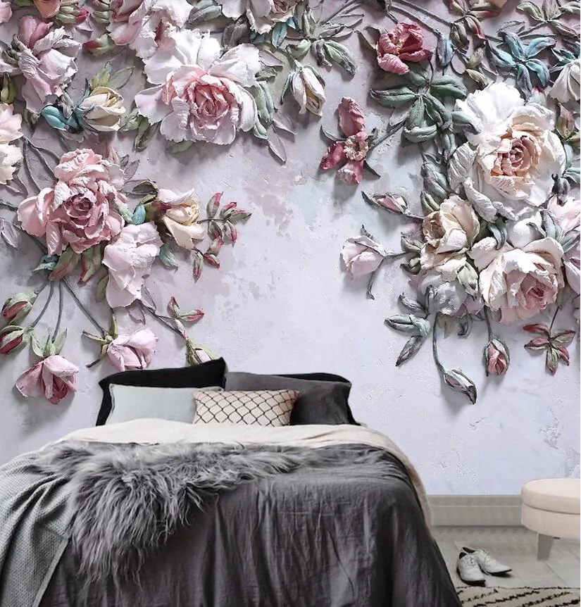 Papel pintado de fotos personalizado Papel de parede en relieve Rose Covering Murales Pisos 3D Mural Papel de pared Decoración para el hogar Impermeable