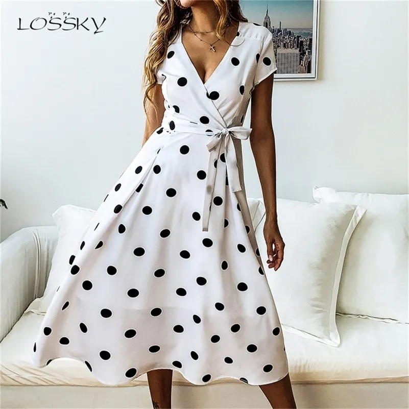 Lossky Yaz Elbise Kadınlar Vintage Elbise Rahat Polka Dot Baskı A-Line Parti Elbiseler Seksi V Yaka Kısa Kollu Uzun Elbise Moda LJ200820