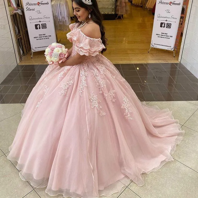 Pink Beaded Lace Quinceanera Pink Ballgown Dress Plus Size 2021