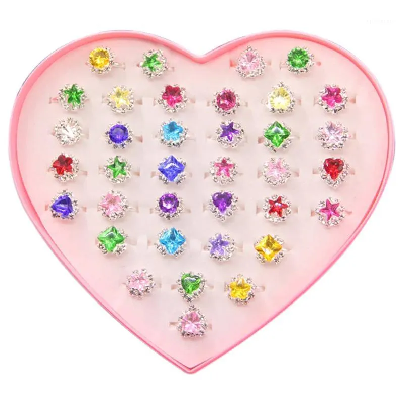 36pcs Colorful Rhinestone Gem Rings in Box, Adjustable Little Girl Jewel Rings in Box Children Kids Little Girl Gift, Pre1