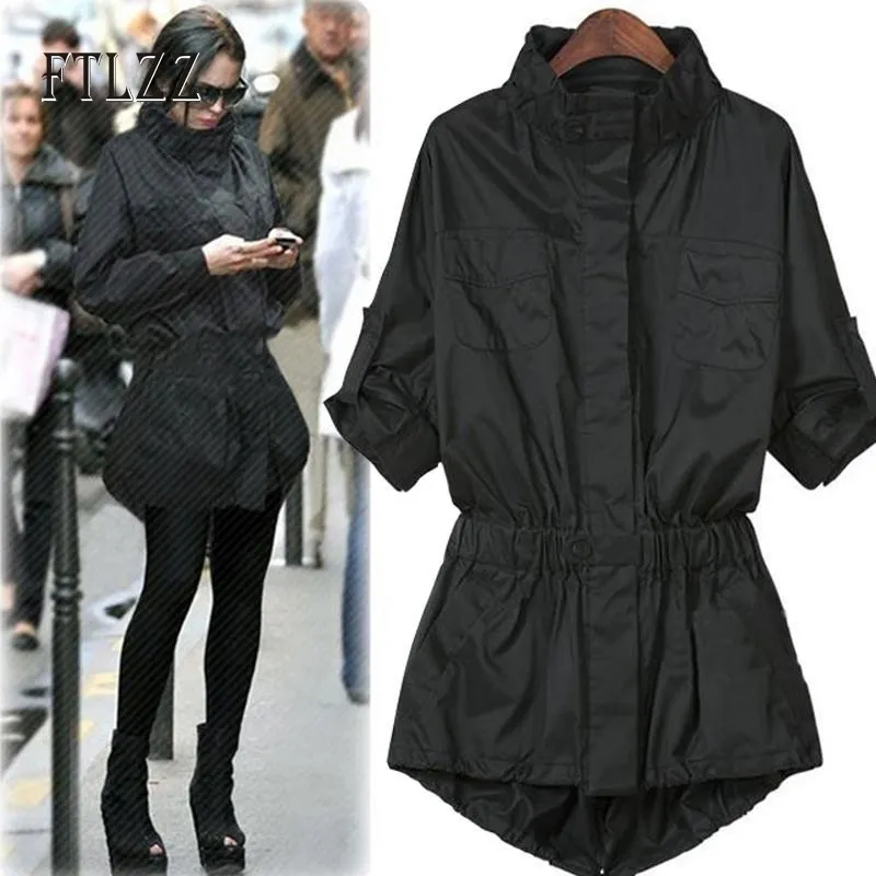 Spring Autumn Trench Coat Fashion Women Thin Windbreakers Plus Size Turtleneck Black Streetwear Outerwear 201030303030