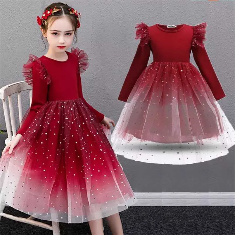 Girls Winter Dresses For Kids Long Sleeve Sequin Mesh Tulle Tutu Clothes Children Christmas Elegant Wedding Party Red Costume 211224