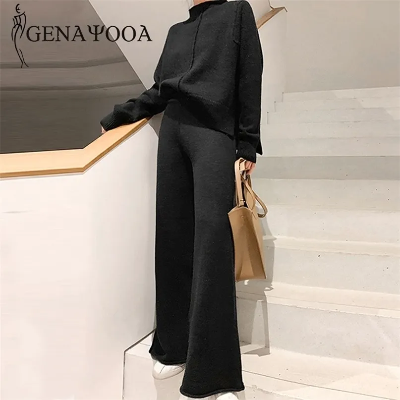 Genayooa из двух частей набор пуловер свитер трексуита женщины высокая талия вязание широких ног брюки костюм 2 зима 220315