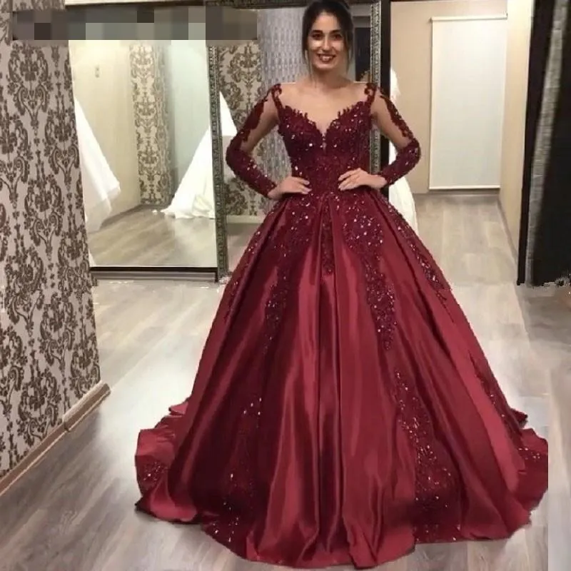 Burgundia Zroszony Koronki Prom Dresses z pełnymi rękawami suknie wieczorowe suknie kulowe Saudyjskie Saudyjskie Suknie Prom Vestido Formation