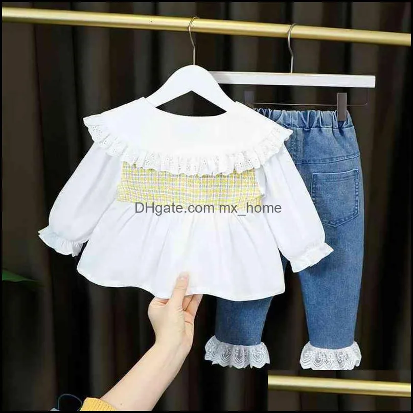 Long Sleeves Clothing Girls Dress Fashion Lotus Leaf Collar Shirt 2 Pcs set Children Costume For 1 2 3 4 Years