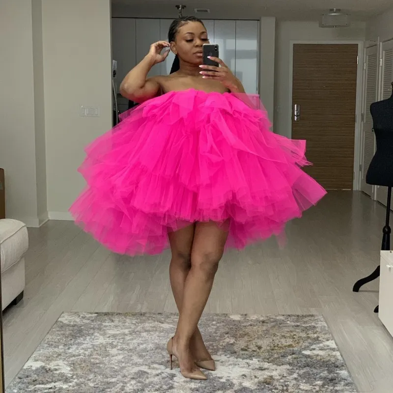Fuchsia Pearry Короткие Платья Homecoming Tulle Юбки Женщины Вечеринки Платье Vestido De Festa Mini African Prom Tress Fadas Jupe Hot Pink