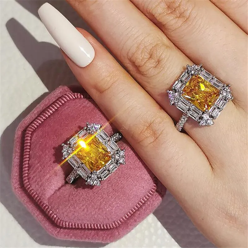 Luxury 925 Sterling Silver Princess Cut Yellow Topaz CZ Eternity Ring for Women