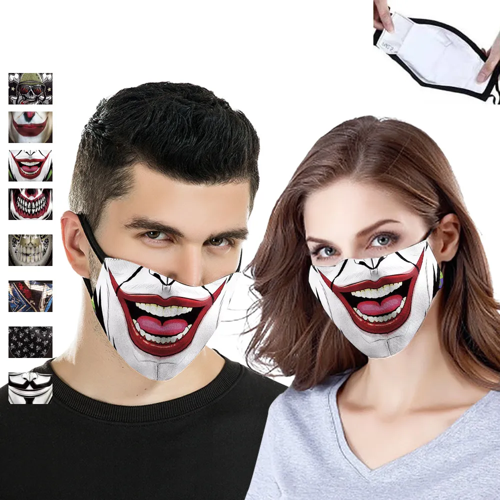Tvättbar jokerskalle ansikte mask pm2.5 filter digitalt tryck damm vuxen respirator halloween party bomullsmask för kvinnor män kka1456