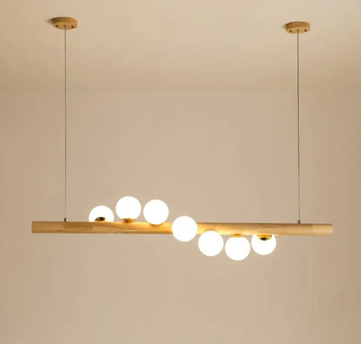 Trä Vit Glas Ball Led Pendant Lights Matsal Hanglamp G4 Bulb Kafé Bar Hänglampa Lampa Hem Armatur Nordic Lamp