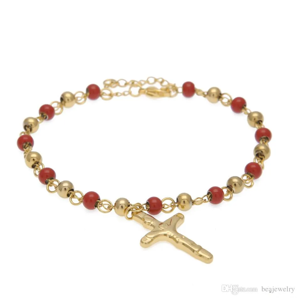 Men Women Stainless Steel Jesus Cross Pulseras Rosary Bracelets Gold Bead Bracelet Fashion Hip hop Jewelry 18cm